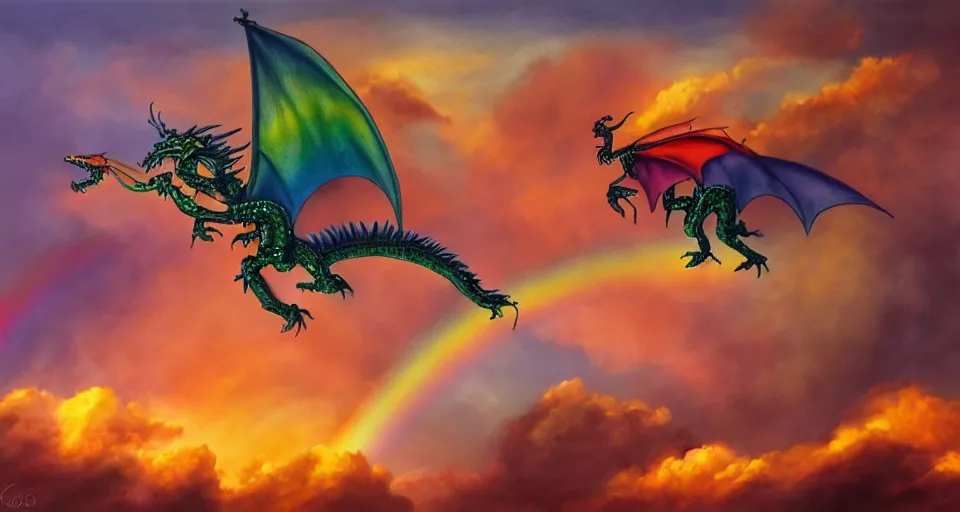 Prompt: a rainbow dragon robot flying through the clouds, sunset, golden hour, dramatic, oil painting, breathing fire