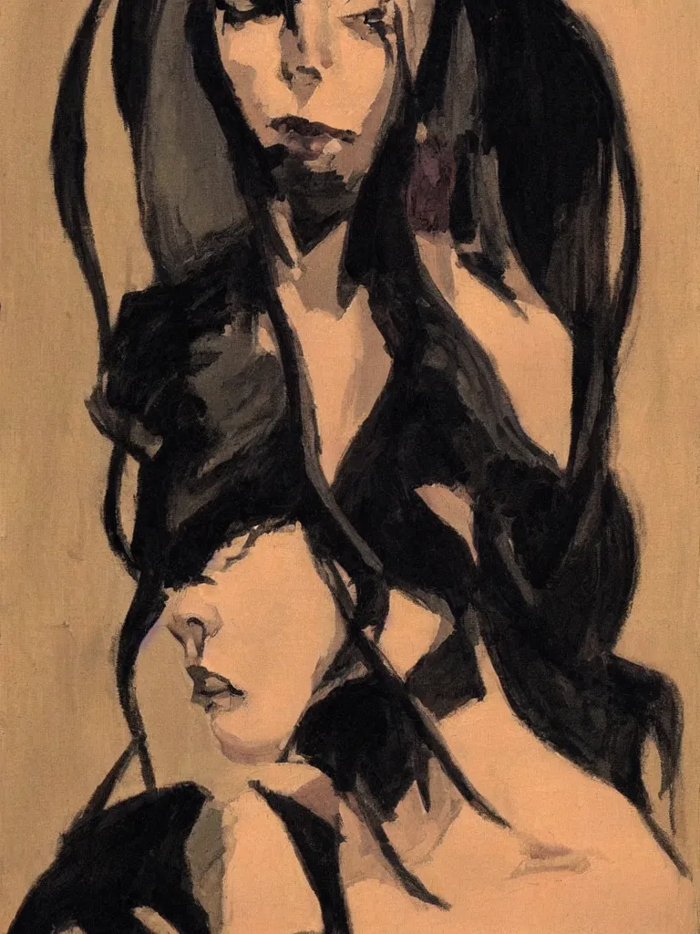 Prompt: portrait profile of one mysterious dark beautiful women in 1 9 7 8, oil painting by john watkiss