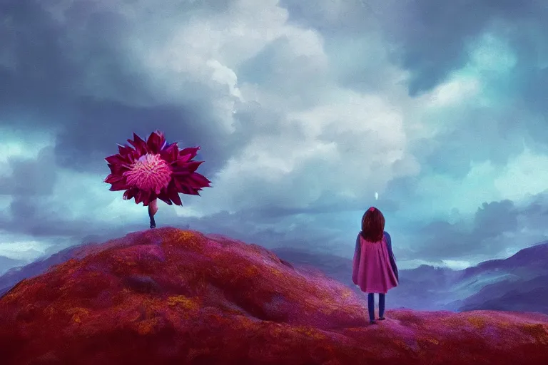 Image similar to closeup giant dahlia flower as head, girl standing on mountain, surreal photography, blue storm clouds, dramatic light, impressionist painting, digital painting, artstation, simon stalenhag