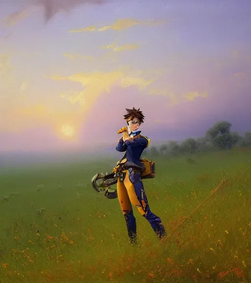 Prompt: oil painting of tracer overwatch in a field of grass, style of ivan aivazovsky, full body