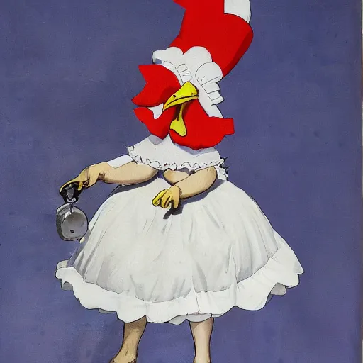 Prompt: chicken wearing a maid dress