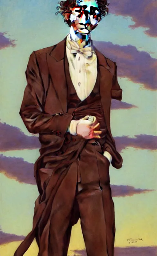 Image similar to Timothee Chalamet, the most beautiful androgynous man in the world, intense painting, sunny day, +++ super supper supper dynamic pose,  digital art, art by j.c leyendecker
