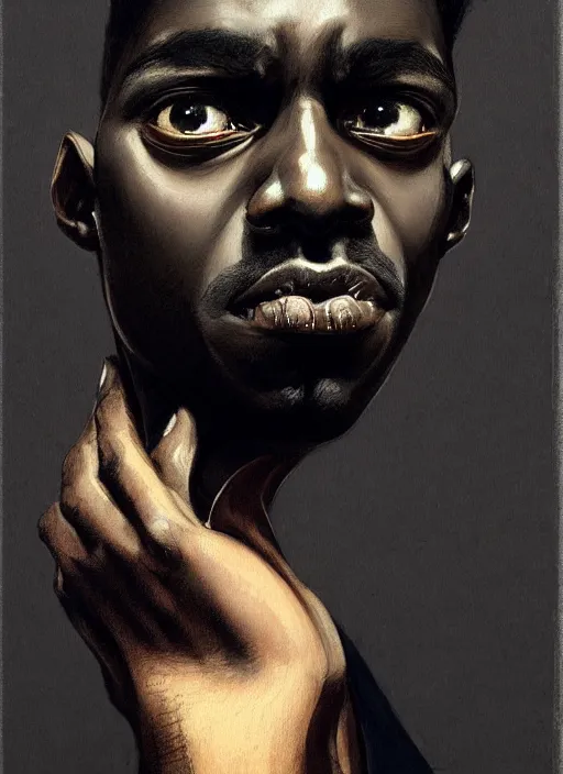 Prompt: portrait of a dark skinned man with a crooked nose and a confident expression, 1 9 6 0 s, black clothes, goth, punk, funk, intricate, elegant, highly detailed, digital painting, artstation, concept art, smooth, sharp focus, illustration, art by wlop, mars ravelo and greg rutkowski