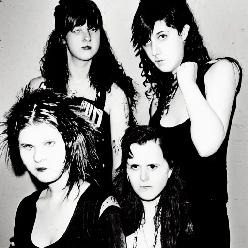 Image similar to Group of 19-year-old women holding electric guitars, shaggy hair, punk rock, riot grrl, hardcore punk, post-hardcore, alternative rock, band promo photo, 1994 photograph