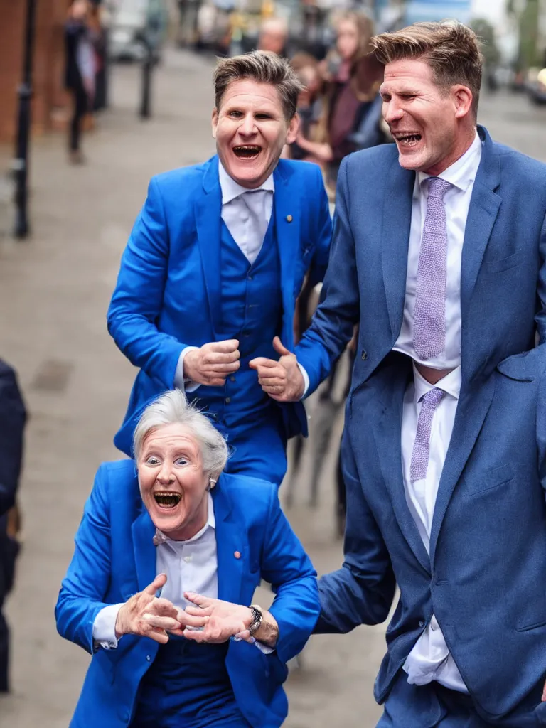 Prompt: Sir Kier Starmer wearing a blue suit laughing as he chases an old lady who is crying