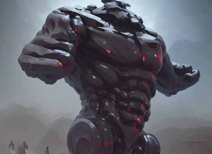 Prompt: epicly designed very muscular stone obsidian robot with human body with background by greg rutkowski, trending on artstation