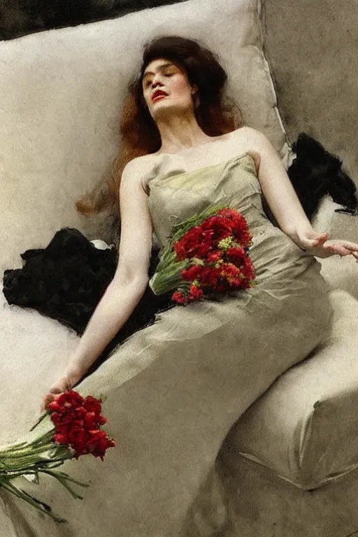 Prompt: european woman in a gown drunk laying on couch, bloom flowers, modern, eclectic, illustration, by ramon casas