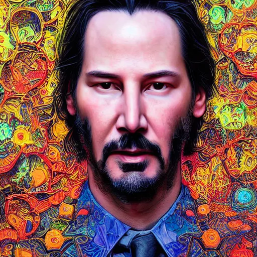 Prompt: portrait of keanu reeves, hyper detailed masterpiece, neon floral pattern, jean giraud, digital art painting, darkwave goth aesthetic, psychedelic, artgerm, donato giancola and tom bagshaw