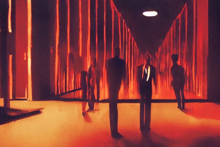 Image similar to back of a man facing a dark conference hall, people cheering at the atmospheric and obscure, red neon light, by roger deakins, cinematography, syd mead