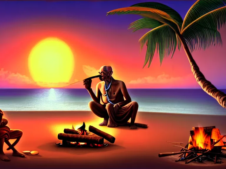 Image similar to gandhi sitting on a beach next to a campfire, holding a cigar, sunset, parrots, flamingos, coconuts, palm trees, highly detailed, digital art, hyper realistic, beautiful, 8 k, trending on deviantart, hyper detailed, glorious lighting, epic environment,