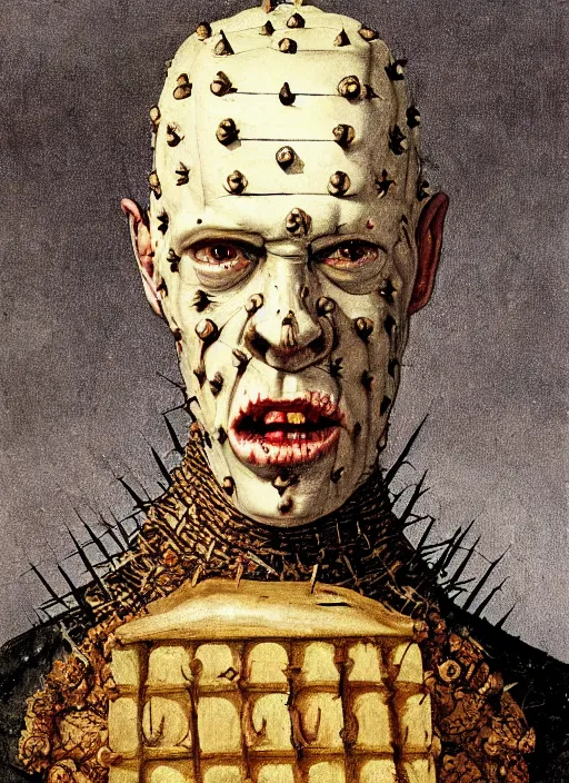 Prompt: portrait of medieval Pinhead from Hellraiser (1986) painted by hieronymus bosch, detailed digital art, trending on Artstation