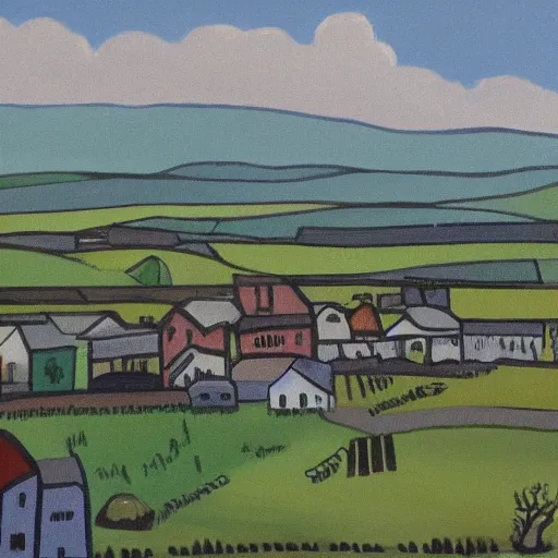 Image similar to painting of a small town in rural Ireland in the style of Aleksander Rostov