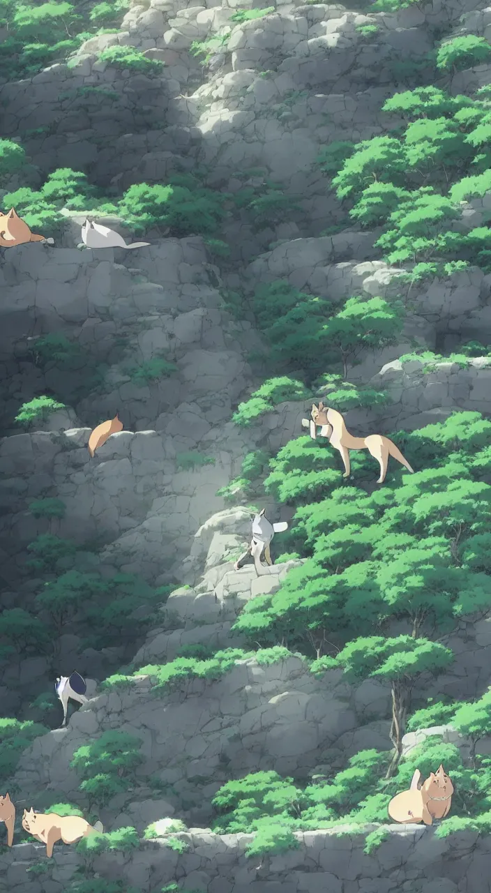 Prompt: fat cats rolling off a cliffside, screenshot from the anime film by makoto shinkai