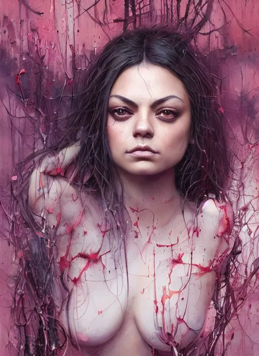 Prompt: mila kunis painting, highly detailed, cinematic, 8 k, by stanley artgerm, tom bagshaw, greg rutkowski, carne griffiths, ayami kojima, beksinski, trending on deviantart, hyper - detailed, horror, full of color,