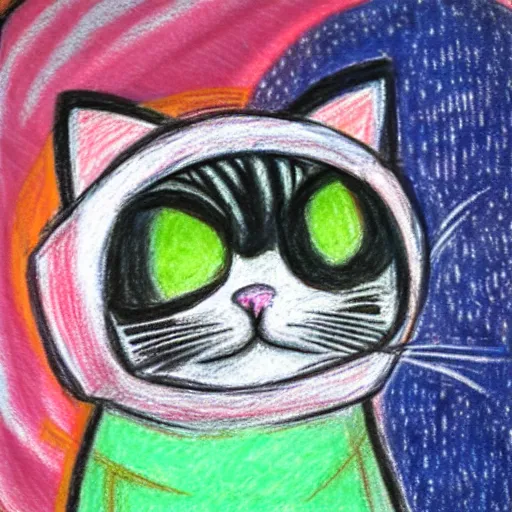 Image similar to An oil pastel drawing of an annoyed cat in a spaceship