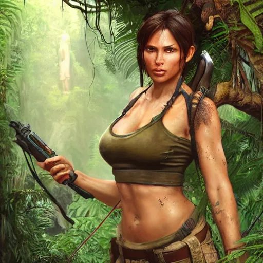 Image similar to lara croft in jungle, au naturel, hyper detailed, digital art, trending in artstation, cinematic lighting, studio quality, smooth render, unreal engine 5 rendered, octane rendered, art style by klimt and nixeu and ian sprigger and wlop and krenz cushart.