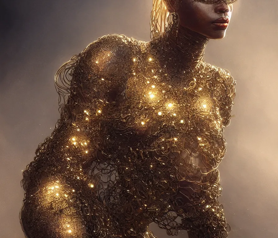 Image similar to Ultra realistic illustration, of a charcoal skinned goddess wrapped in gold ropes, cyberpunk, sci-fi, fantasy, intricate, elegant, highly detailed, digital painting, artstation, concept art, smooth, sharp focus, illustration, art by artgerm and greg rutkowski and alphonse mucha