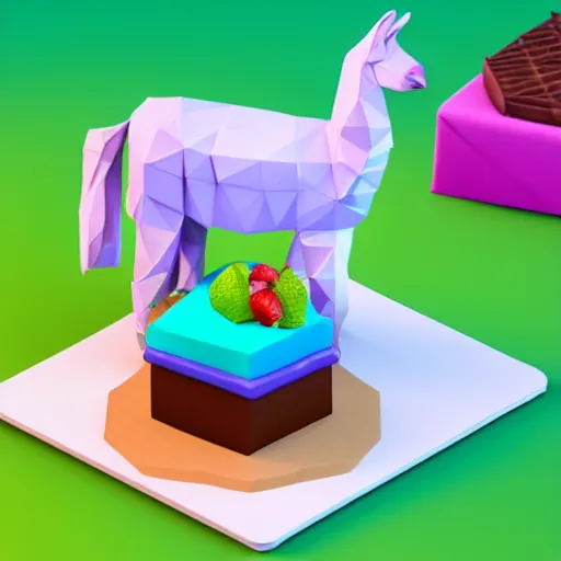 Prompt: an isometric 3 d low - poly render of a llama eating a cake, isometric art