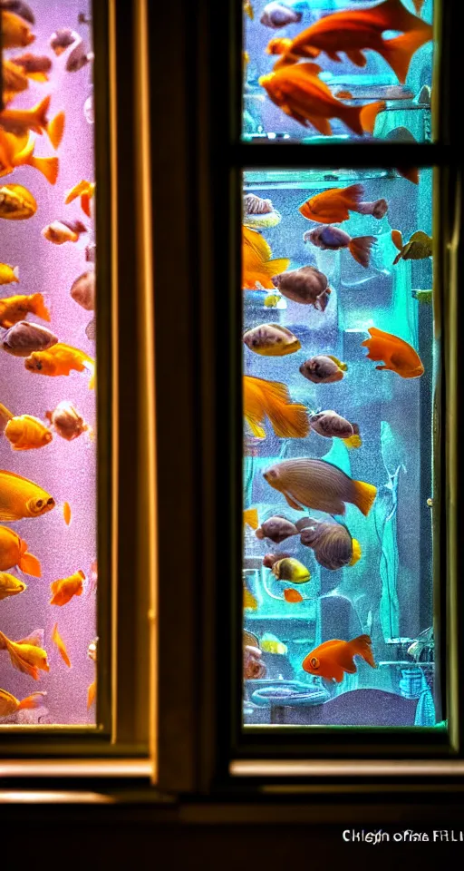 Image similar to telephoto 7 0 mm f / 2. 8 iso 2 0 0 photograph depicting the feeling of chrysalism in a cosy safe cluttered french art nouveau cyberpunk apartment in a dreamstate art cinema style. fish tank, ambient light.