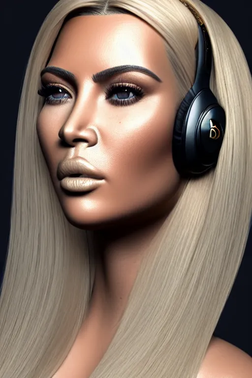 Prompt: complex 3d render ultra detailed of a beautiful porcelain profile kim kardashians face with blonde hair and headphones by beats , biomechanical cyborg, analog, 150 mm lens, beautiful natural soft rim light, big leaves and stems, roots, fine foliage lace, silver gold details, massai warrior, Alexander Mcqueen high fashion haute couture, pearl earring, art nouveau fashion embroidered, steampunk, intricate details, mesh wire, mandelbrot fractal, anatomical, facial muscles, cable wires, microchip, elegant, hyper realistic, ultra detailed, octane render, H.R. Giger style, volumetric lighting, 8k post-production