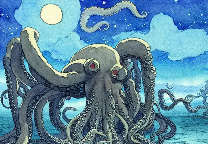 Image similar to a simple watercolor studio ghibli movie still fantasy concept art of stonehenge at the bottom of the ocean. a giant octopus from princess mononoke ( 1 9 9 7 ) is holding large stones. it is a misty starry night. by rebecca guay, michael kaluta, charles vess