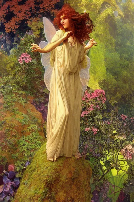 Image similar to a beautiful faerie wearing a silk dress, in a lord of the rings scenery landscape, detailed, rainbowshift, by maxfield parrish, alphonse mucha, brian froud