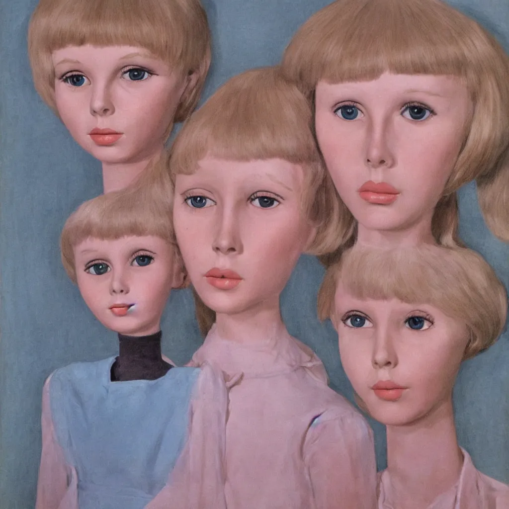 Prompt: 1 9 6 0 s mia farrow as an animatronic doll by margaret keane,