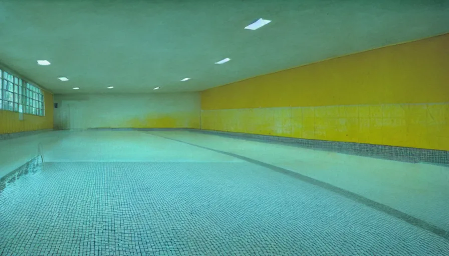 Image similar to movie still by andrei tarkovsky of an empty municipal swimmingpool with yellow tiles with light blue tiles, high quality, high detail, liminal space style