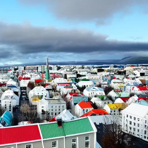 Image similar to standing at the top of hallgrimskirkja, looking out over reykjavik, colorful rooftops and city roads below, mountains in the distance