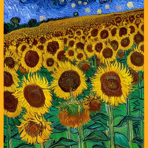 Prompt: field of sunflowers with one standing taller than the rest, in the style of van gogh