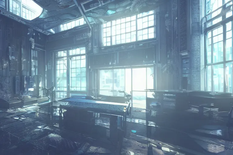 Image similar to cyberpunk workshop, liminal space, high detail, rendered in unreal engine, 3d render, god rays, volumetric lighting, mansion, interior, large windows, rich house