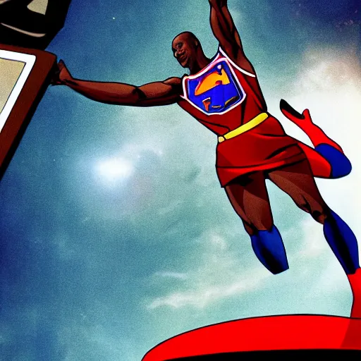 Image similar to michael Jordan as superman dunking a basketball