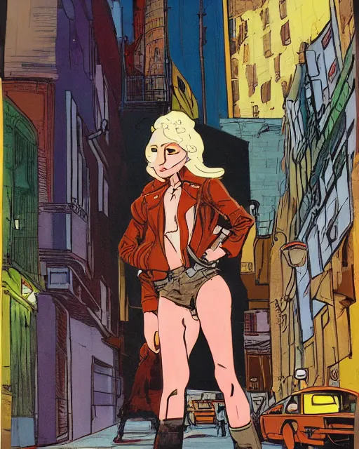 Prompt: young blonde female protagonist in leather jacket, city street, artwork by ralph bakshi