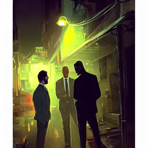 Prompt: two businessman talking, detailed digital illustration by greg rutkowski, cyberpunk back alley, nighttime, colorful lighting
