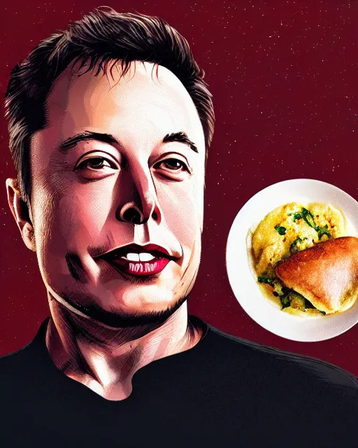 Prompt: a portrait of elon musk eating idli, highly detailed, trending on artstation, bokeh, 9 0 mm, f / 1. 4