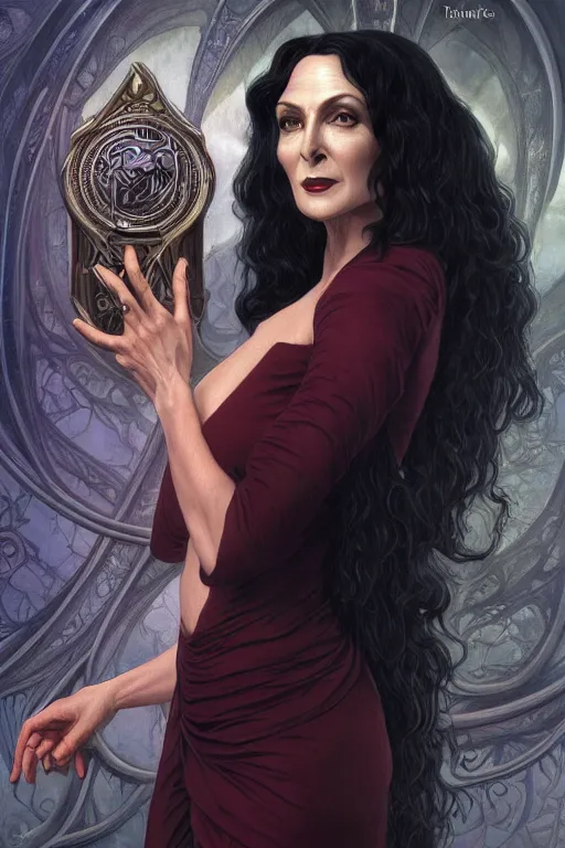 Image similar to ultra realistic illustration, deanna troi as morticia addams from baldurs gate and diablo, intricate, elegant, highly detailed, digital painting, artstation, concept art, smooth, sharp focus, illustration, art by artgerm and greg rutkowski and alphonse mucha