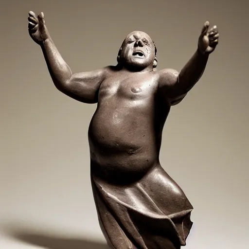 Image similar to an ancient statuette of a dancing danny devito, beautiful, priceless, studio photography