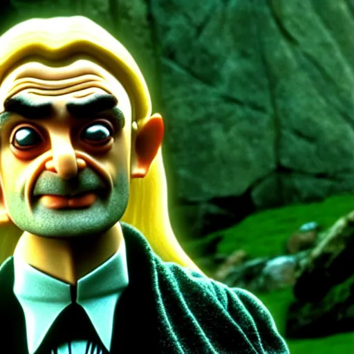 Image similar to mr. bean as legolas from lord of the rings. movie still. cinematic lighting.