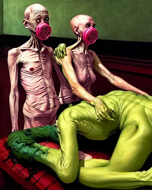 Image similar to two skinny old people with extra limbs, wearing gas masks, bodies wrapped in robes of gold, green and pink, during a biohazard apocalypse, cinematic, dystopian, eerie, horror, gothic, highly detailed painting by Jenny Saville, Esao Andrews, Francis Bacon, !!!Edward Hopper!!! surrealism, art by Takato Yamamoto and !!!James Jean!!!