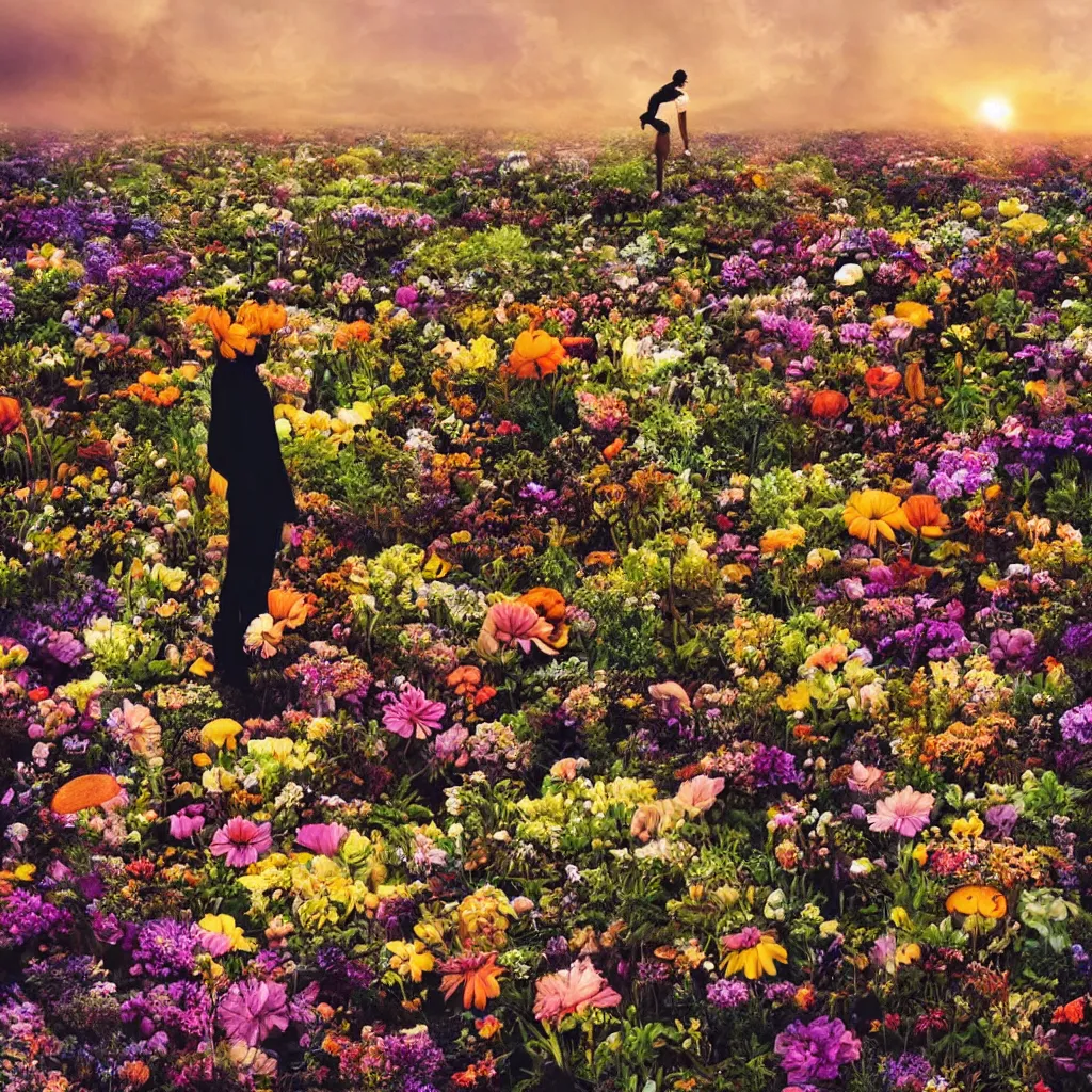 Image similar to a planet of various flowers, fungus and plants, in which the human figure is dressed in something magical and impressive, inside the picture is infinity, sunset light, Atmospheric phenomenon, artistic photography, muted colors, conceptual, long exposure outside the city