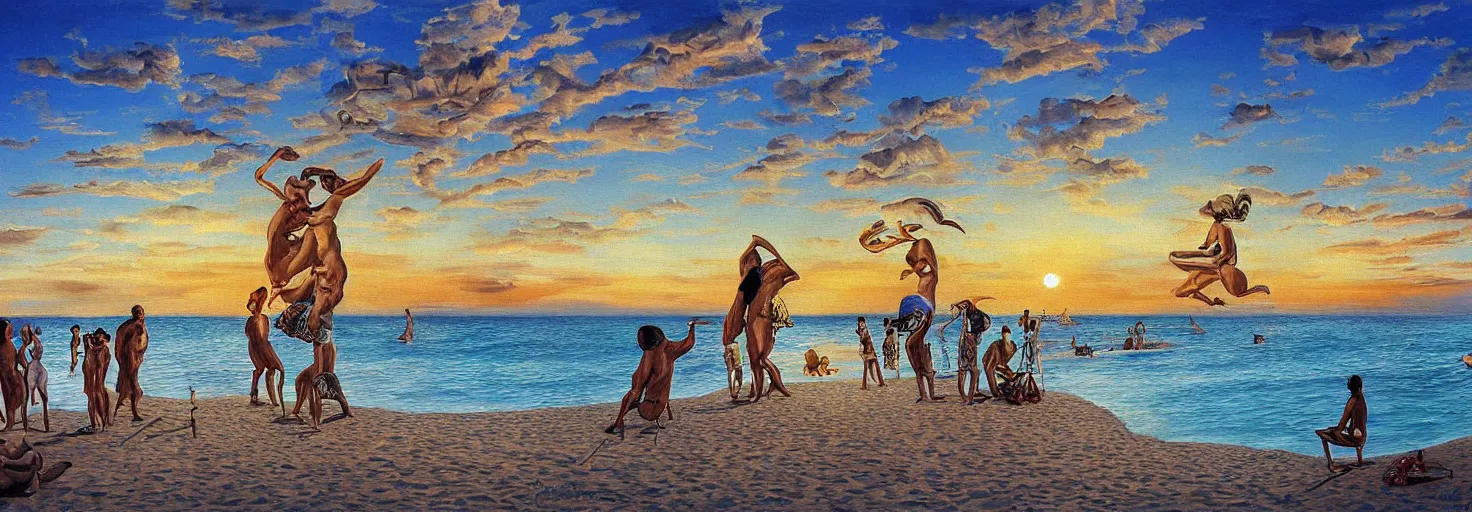 Image similar to People in beach by Salvador Dali and Bob Ross collaboration, mural, sun set, digital art, high details