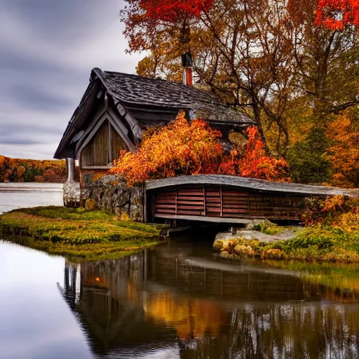 Image similar to a wooden cottage by the river with a bridge connecting to it, portrait, highly detailed, autumn, falling leaves, cozy, 8 k,