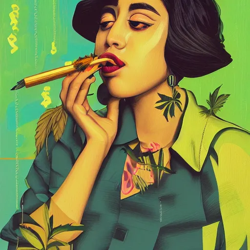 Prompt: 1 9 9 7 high times magazine kali uchis portrait painting, marijuana, smoke, yellow and green, by sachin teng