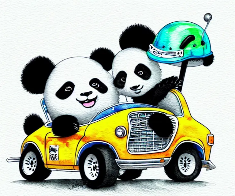 Image similar to cute and funny, panda bear wearing a helmet riding in a tiny hot rod with oversized engine, ratfink style by ed roth, centered award winning watercolor pen illustration, isometric illustration by chihiro iwasaki, edited by range murata, centered and focused