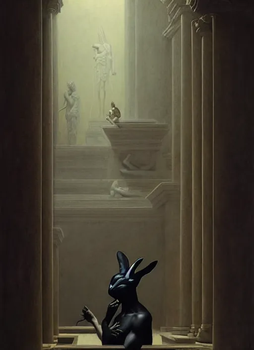 Prompt: neoclassical portrait of a prince in his black rabbit mask in his temple, by jacques - louis david, by greg rutkowski, by zdzisław beksinski, by josep tapiro baro, trending on artstation, featured on pixiv, masterpiece, oil on canvas, cinematic composition, dynamic beautiful lighting,