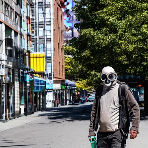 Image similar to man in a gasmask screaming walking down the streets of seattle, sunlight, sunny day, smoke, full shot