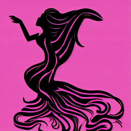 Prompt: A silhouette of a woman with long pink hair dancing around a lilly flower