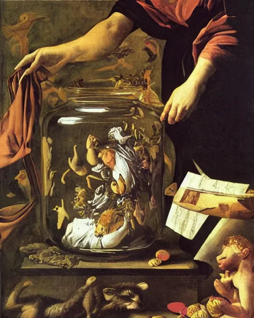 Prompt: a painting of pandora opening her jar, releasing critters that impersonate sickness and death by artemisia gentileschi