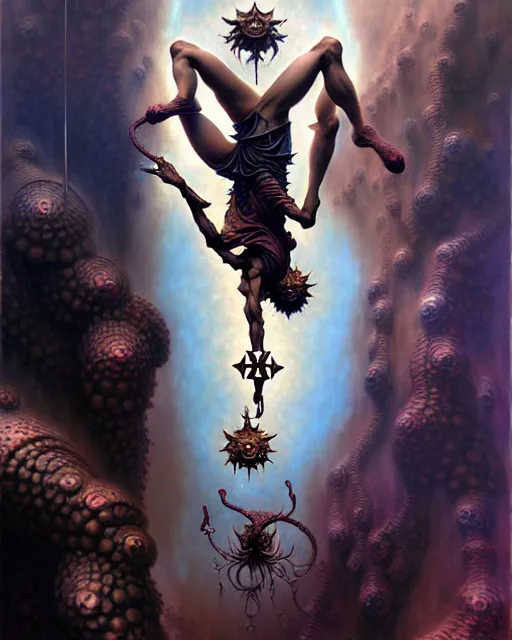 Prompt: man hanging upside down tarot card, fantasy character portrait made of fractals, ultra realistic, wide angle, intricate details, the fifth element artifacts, highly detailed by peter mohrbacher, hajime sorayama, wayne barlowe, boris vallejo, aaron horkey, gaston bussiere, craig mullins