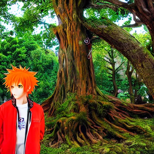 Image similar to orange - haired anime boy, 1 7 - year - old anime boy with wild spiky hair, wearing red jacket, standing under treehouse in city plaza, urban plaza, large tree, ultra - realistic, sharp details, subsurface scattering, godrays, intricate details, hd anime, 2 0 1 9 anime